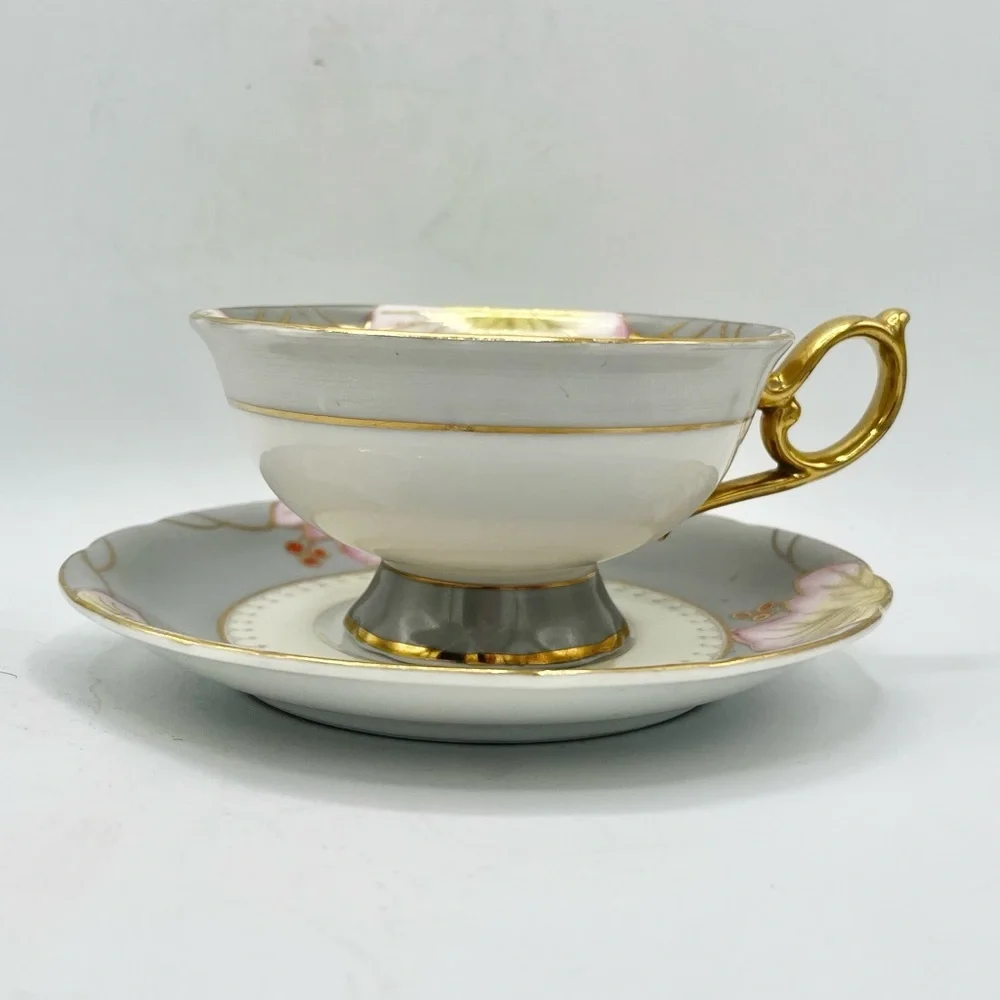 VTG Shafford Tea Cup & Saucer Grey‎ Gold Pink Floral Extra Support on Handle